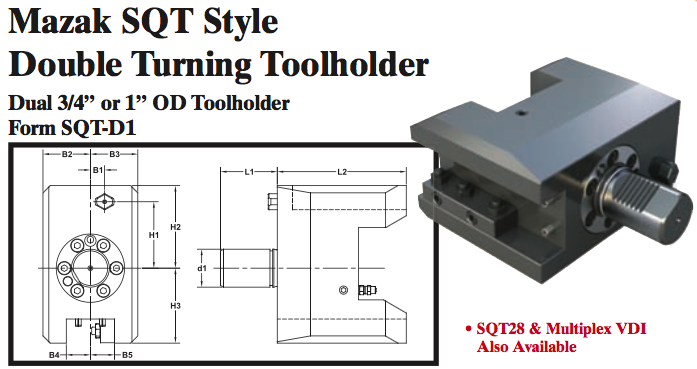 Mazak SQT Style Double Turning Toolholder (Dual 3/4Ó or 1Ó OD Toolholder Form SQT-D1) - Part #: SQT41.1525 - Exact Industrial Supply