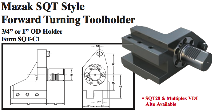 Mazak SQT Stye Forward Turning Toolholder (3/4Ó or 1Ó OD Holder Form SQT-C1) - Part #: SQT31.1020 - Exact Industrial Supply