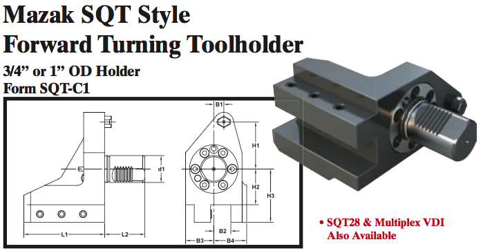 Mazak SQT Stye Forward Turning Toolholder (3/4Ó or 1Ó OD Holder Form SQT-C1) - Part #: SQT31.2825 - Exact Industrial Supply