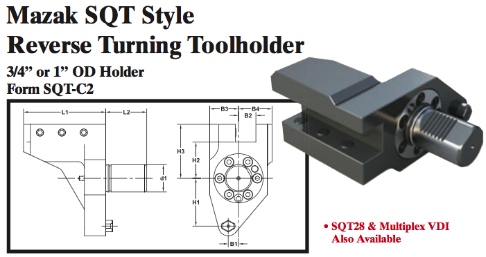 Mazak SQT Stye Reverse Turning Toolholder (3/4Ó or 1Ó OD Holder Form SQT-C2) - Part #: SQT32.1525 - Exact Industrial Supply