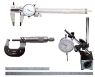 Kit Contains: 6" Dial Caliper; 0-1" Outside Micrometer; Mag Base With Fine Adjustment; 1" Travel Indicator; 6" 4R Scale And 12" 4R Scale - 6 Piece Machinist Set Up & Inspection Kit - Exact Industrial Supply