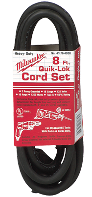 #48-76-4008 - Fits: Most Milwaukee 3-Wire Quik-Lok Cord Sets @ 8' - Replacement Cord - Exact Industrial Supply