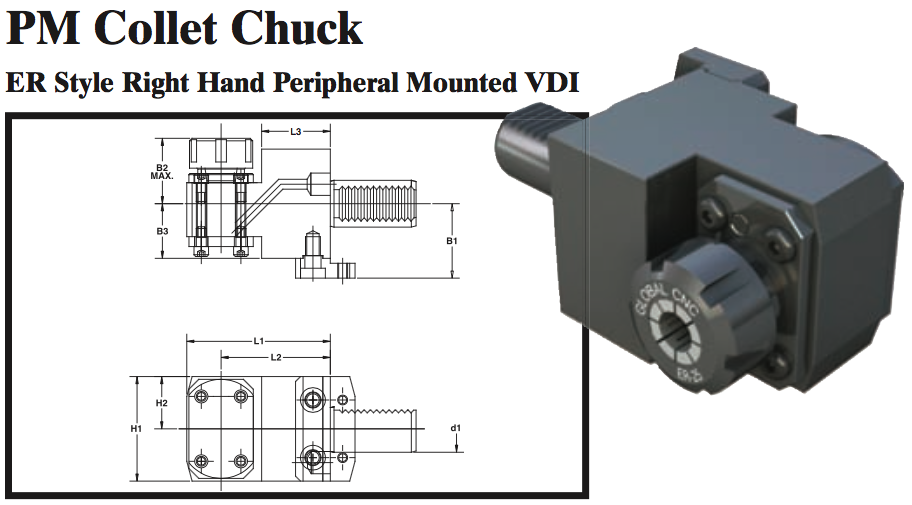 PM Collet Chuck (ER Style Right Hand Peripheral Mounted VDI) - Part #: PM53.4032ER - Exact Industrial Supply