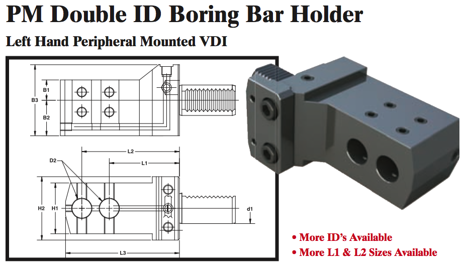 PM Double ID Boring Bar Holder (Left Hand Peripheral Mounted VDI) - Part #: PM91.3020L - Exact Industrial Supply