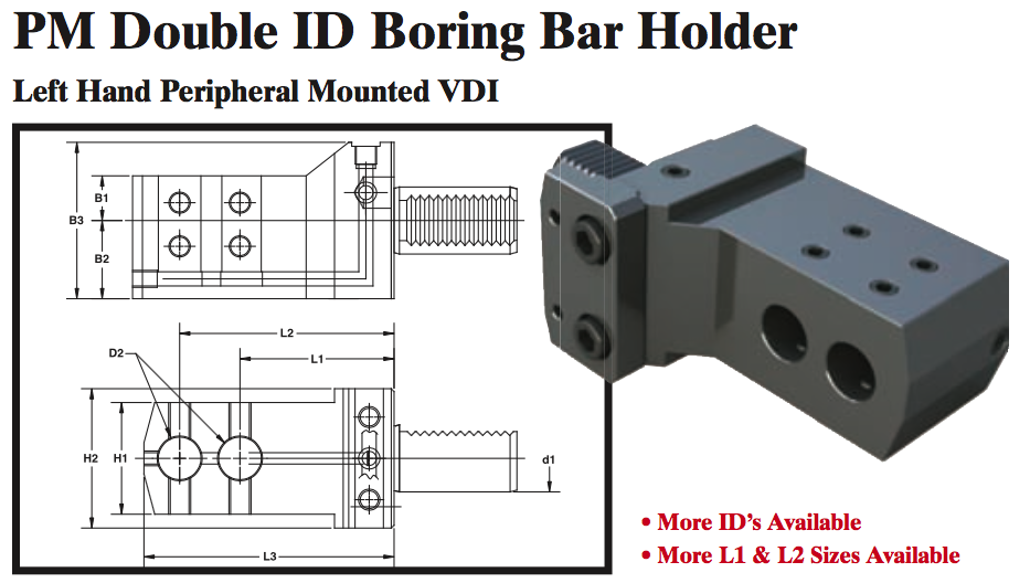 PM Double ID Boring Bar Holder (Left Hand Peripheral Mounted VDI) - Part #: PM91.4025L - Exact Industrial Supply