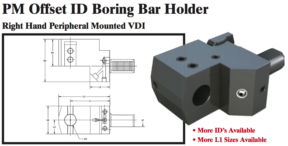 PM Offset ID Boring Bar Holder (Right Hand Peripheral Mounted VDI) - Part #: PM56.3025RS - Exact Industrial Supply