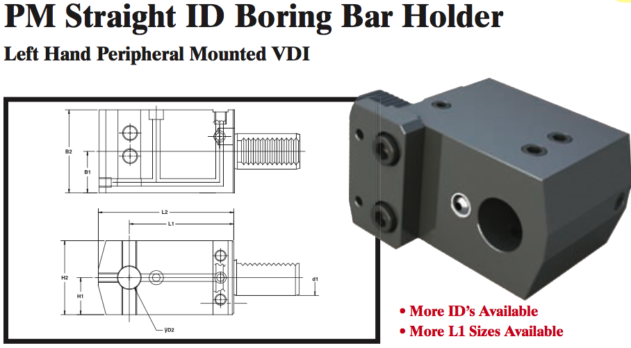 PM Straight ID Boring Bar Holder (Left Hand Peripheral Mounted VDI) - Part #: PM52.4025LL - Exact Industrial Supply