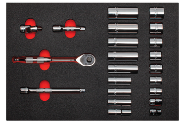 Proto® Foamed 3/8" Drive 22 Piece Socket Set w/ Precision 90 Pear Head Ratchet- Full Polish- 12 Point - Exact Industrial Supply