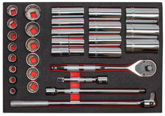 Proto® Foamed 1/2" Drive 30 Piece Socket Set w/ Precision 90 Pear Head Ratchet - Full Polish - 12 Point - Exact Industrial Supply