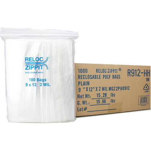 9″ × 12″ 2-MIL Clear Reloc Zippit Zipper Bags With Hang Hole, Sold per Case of 1000 (10 boxes of 100 per case)