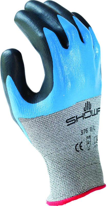 Engineered Hagane CoilTechnology cut resistant fiber w/double dipped nitrile palm coating, grey with blue and black overcoating, smooth finish, ANSI CUT LEVEL A4/medium - Exact Industrial Supply