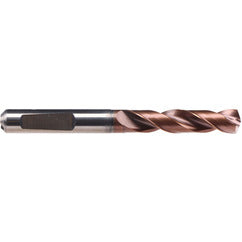 27/64″ Dia. × 12 mm Shank × 55 mm Flute Length × 102 mm OAL, 140°, AlCrN-T37, 2 Flute, Coolant Thru, HE Solid Carbide Drill - Exact Industrial Supply