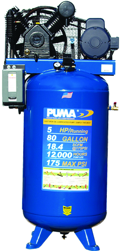 80 Gallon Vertical Tank Two Stage; Belt Drive; 5HP 230V 1PH W/Starter; 18.4CFM@175PSI; 530lbs. - Exact Industrial Supply