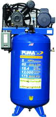 80 Gallon Vertical Tank Two Stage; Belt Drive; 5HP 230V 1PH; 18.4CFM@175PSI; 530lbs. - Exact Industrial Supply