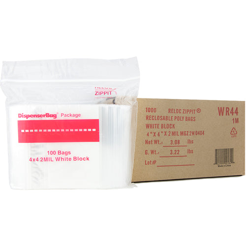 4″ × 4″ 2-MIL White Block Reloc Zippit Zipper Bags, Sold per Case of 1000 (10 boxes of 100 per case)