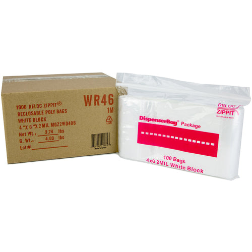 4″ × 6″ 2-MIL White Block Reloc Zippit Zipper Bags, Sold per Case of 1000 (10 boxes of 100 per case)