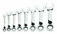 8 Piece - 12 Pt Ratcheting Stubby Combination Wrench Set - High Polish Chrome Finish SAE - 5/16 - 3/4" - Exact Industrial Supply