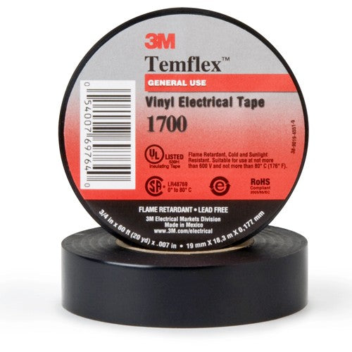 ‎3M Temflex Vinyl Electrical Tape 1700 3/4″ × 36 yd 1-1/2″ Core Black - Exact Industrial Supply