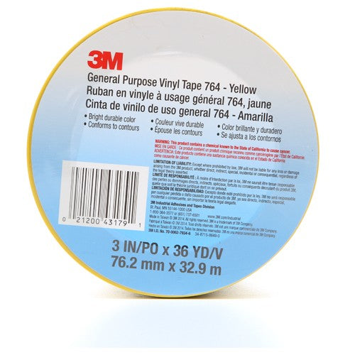 3M General Purpose Vinyl Tape 764 Yellow 3″ × 36 yd 5 mil Individually Wrapped Conveniently Packaged - Exact Industrial Supply