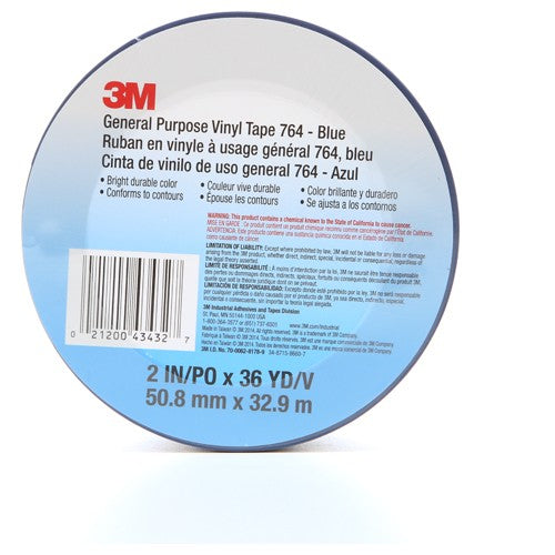 3M General Purpose Vinyl Tape 764 Blue 2″ × 36 yd 5 mil Individually Wrapped Conveniently Package - Exact Industrial Supply
