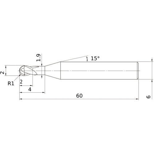 2 mm Dia. × 6 mm Shank × 2 mm DOC × 60 mm OAL, Carbide Impact Miracle, 2 Flute, 30° Helix, Ballnose End Mill VF2SDBR0100