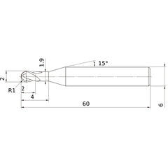 2 mm Dia. × 6 mm Shank × 2 mm DOC × 60 mm OAL, Carbide Impact Miracle, 2 Flute, 30° Helix, Ballnose End Mill VF2SDBR0100