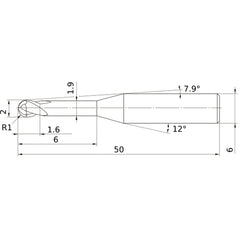 2 mm Dia. × 6 mm Shank × 1.6 mm DOC × 50 mm OAL, Carbide Impact Miracle, 2 Flute, 30° Helix, Ballnose End Mill VF2XLBR0100N060S06