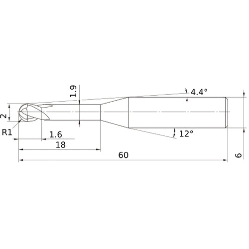 2 mm Dia. × 6 mm Shank × 1.6 mm DOC × 60 mm OAL, Carbide Impact Miracle, 2 Flute, 30° Helix, Ballnose End Mill VF2XLBR0100N180S06