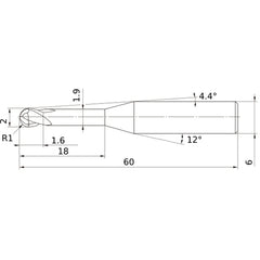 2 mm Dia. × 6 mm Shank × 1.6 mm DOC × 60 mm OAL, Carbide Impact Miracle, 2 Flute, 30° Helix, Ballnose End Mill VF2XLBR0100N180S06