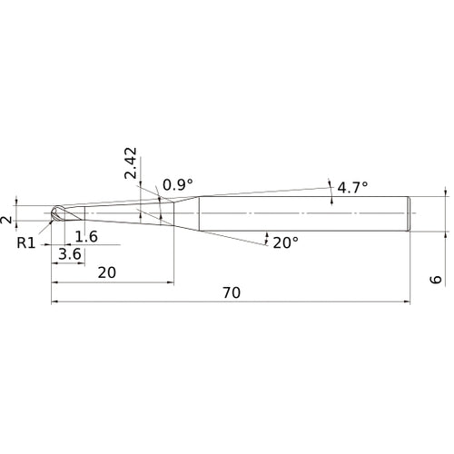 2 mm Dia. × 6 mm Shank × 1.6 mm DOC × 70 mm OAL, Carbide 3 Flute, 30° Helix, Ballnose End Mill VF3XBR0100T0054L020