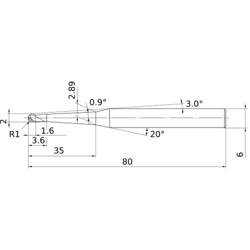 2 mm Dia. × 6 mm Shank × 1.6 mm DOC × 80 mm OAL, Carbide 3 Flute, 30° Helix, Ballnose End Mill VF3XBR0100T0054L035