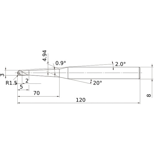 3 mm Dia. × 8 mm Shank × 2 mm DOC × 120 mm OAL, Carbide 3 Flute, 30° Helix, Ballnose End Mill VF3XBR0150T0054L070