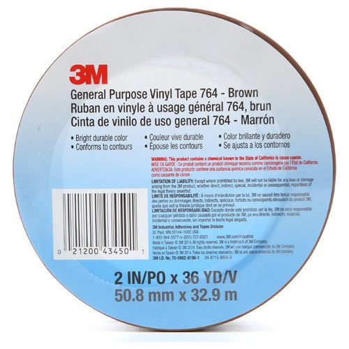 3M General Purpose Vinyl Tape 764 Brown 2″ × 36 yd 5 mil Individually Wraped Conveniently Packaged - Exact Industrial Supply