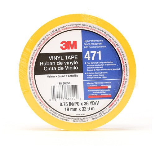 3M Vinyl Tape 471 Yellow 3/4″ × 36 yd 5.2 mil Individually Wrapped Conveniently Packaged - Exact Industrial Supply