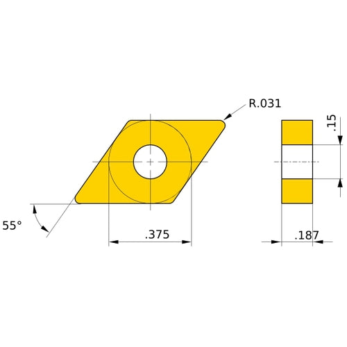 DNGA 332 flat_top BC8120, 0.8 mm Corner Radius, 4.76 mm Thick, 9.525 mm Inscribed Circle, Turning Indexable Insert