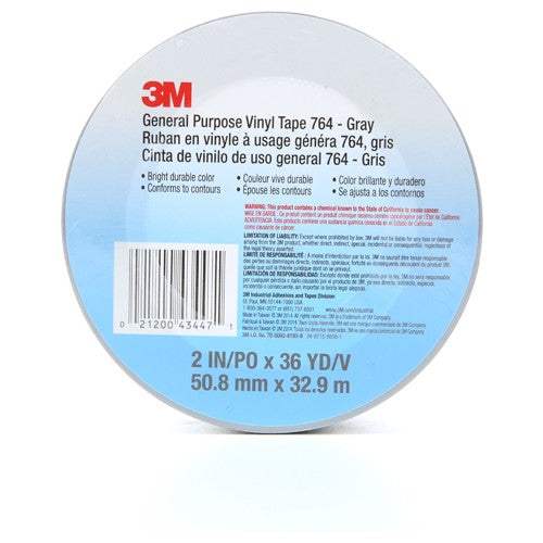 3M General Purpose Vinyl Tape 764 Gray 2″ × 36 yd 5 mil Individually Wrapped Conveniently Packaged - Exact Industrial Supply