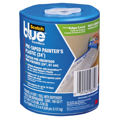 ‎3M ScotchBlue Tape + Plastic with Dispenser PTD2093EL-24-S - Exact Industrial Supply